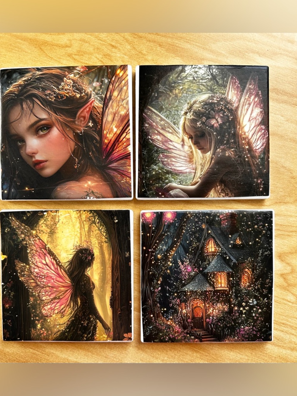 Hand Crafted Fairy Fantasy Coasters Set in yellow and Black
